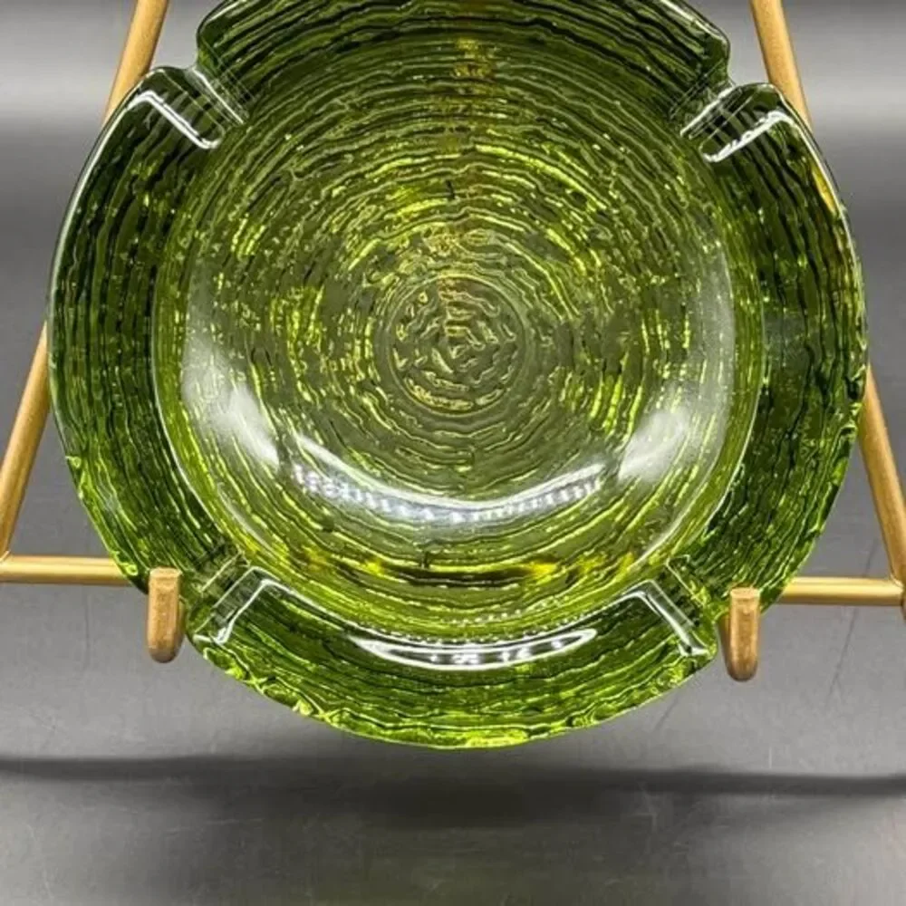 Vintage MCM Anchor Hocking Soreno Avocado Green Textured Glass Ashtray 6.25”